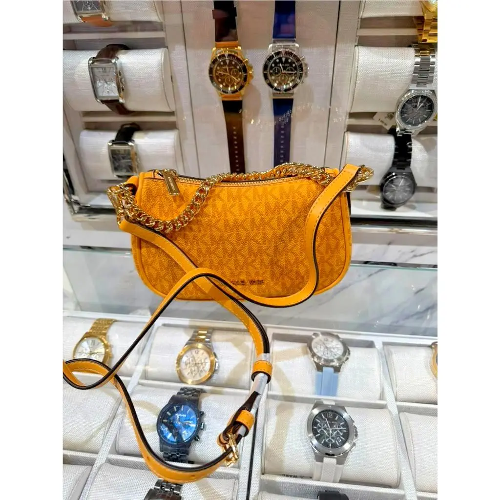 Carmela Women Small MK Logo Pouchette Crossbody Purse Bag Handbag HONEYWHEAT by Michael Kors