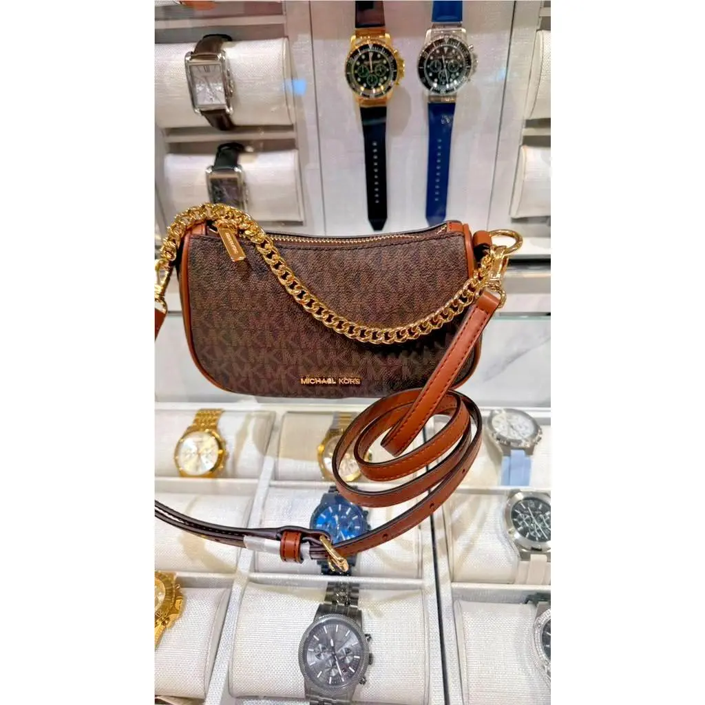 Carmela Women Small MK Logo Pouchette Crossbody Purse Bag Handbag BROWN by Michael Kors