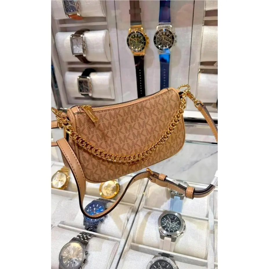 Carmela Women Small MK Logo Pouchette Crossbody Purse Bag Handbag CAMEL by Michael Kors