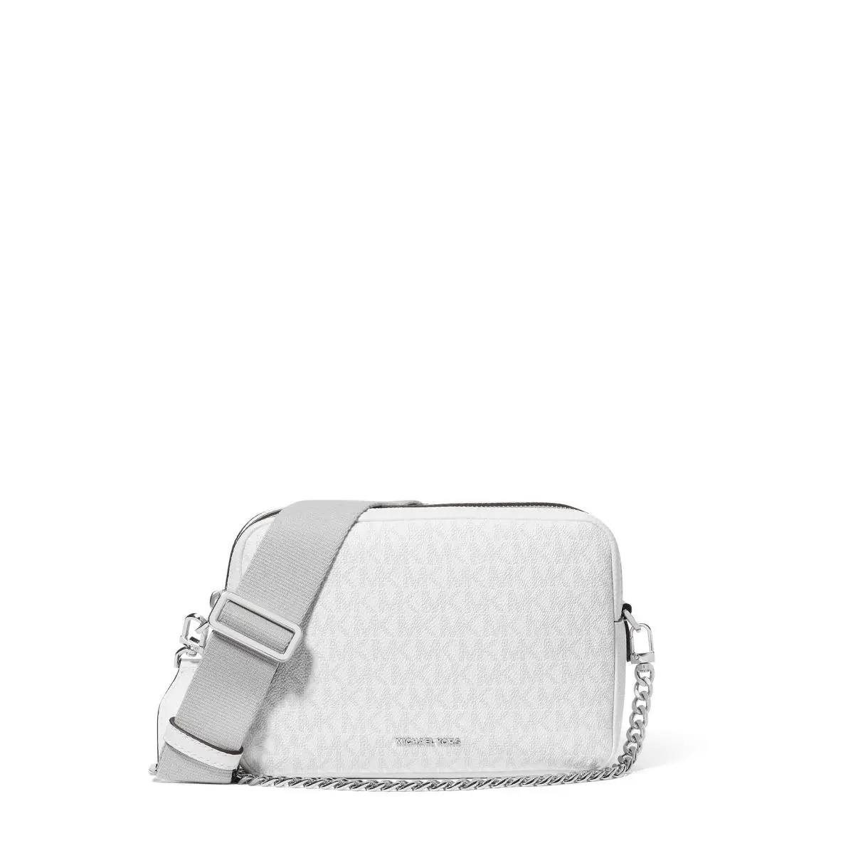 Woman`s Michael  Bryant Medium Double Zip Chain Camera Crossbody Optic White/Aluminum by Michael Kors