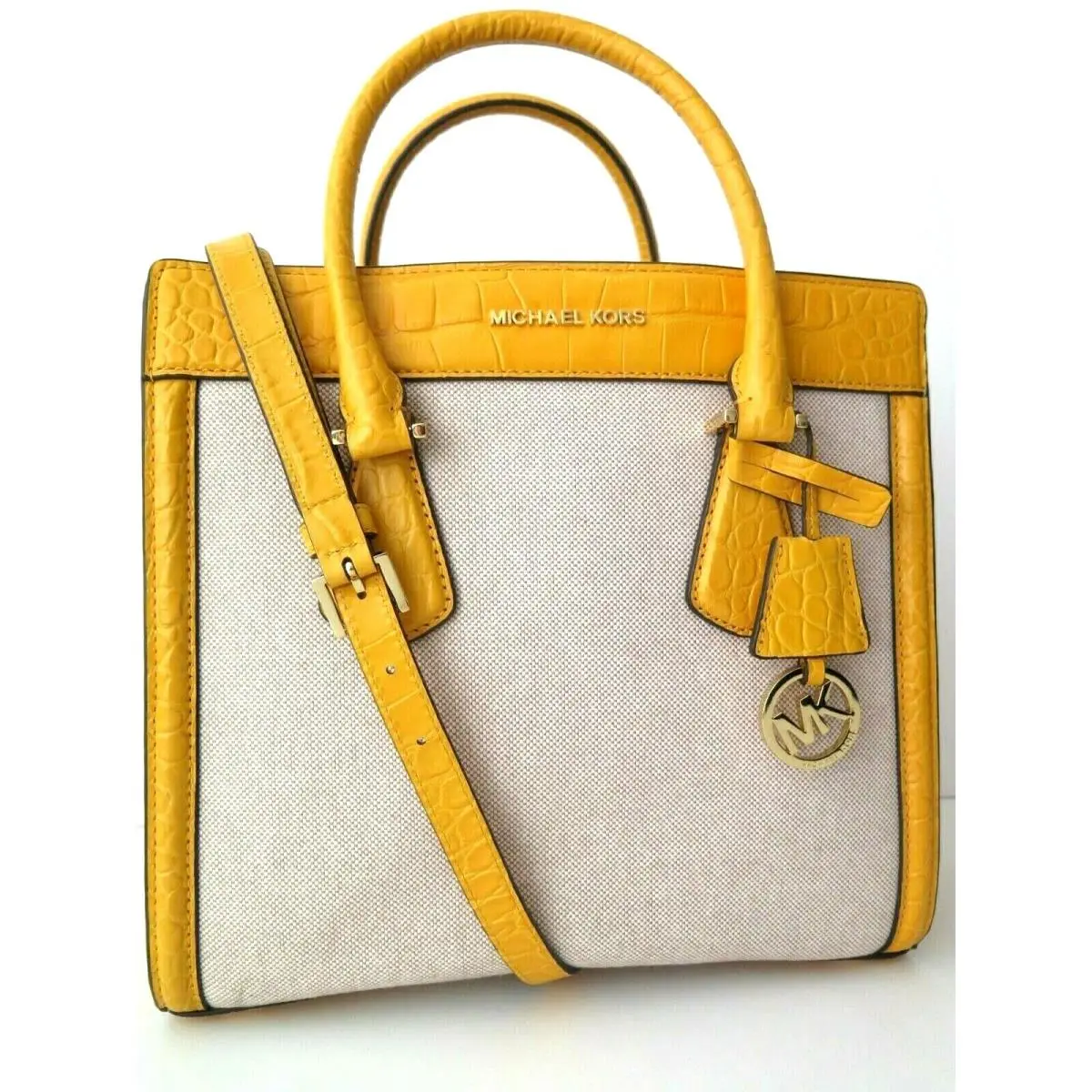Michael Kors Colette Ecru Sun Large Canvas Leather Satchel Handbag NWT$358.00