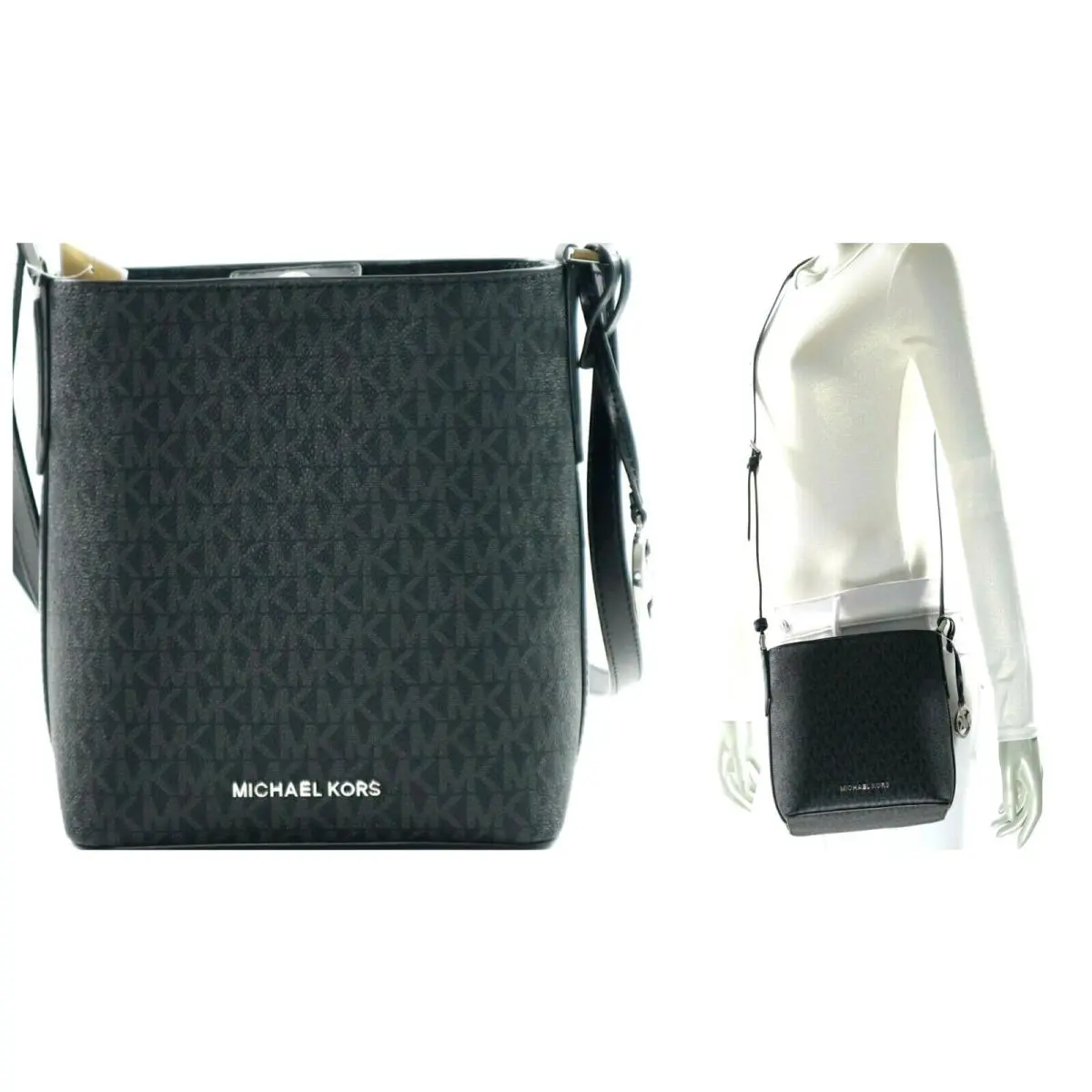 NWT$328 - Michael Kors Kimberly SM Bucket Messenger Signature Leather Bag Black