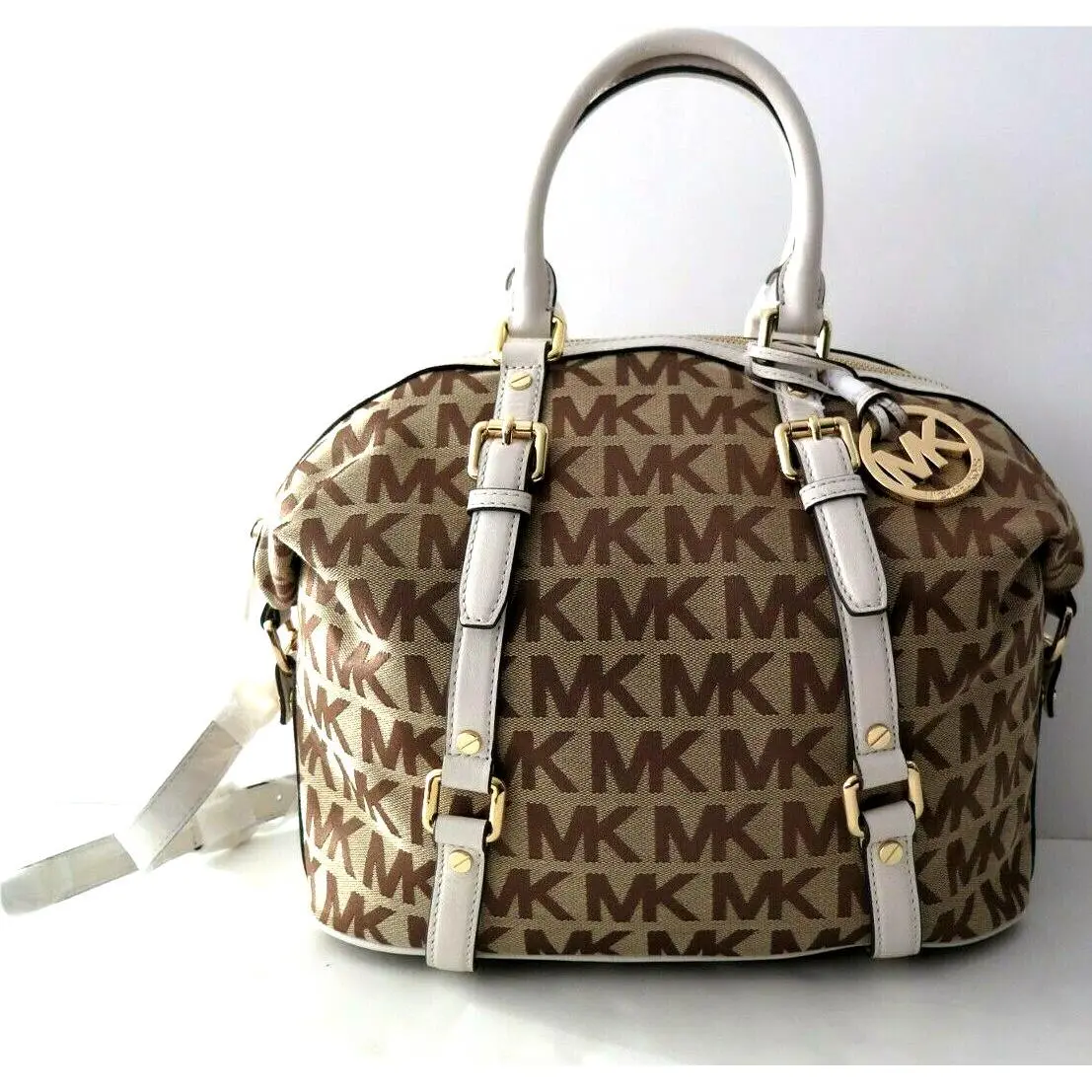Michael Kors Bedford Medium Logo Jacquard Satchel Bag Beige Vanilla