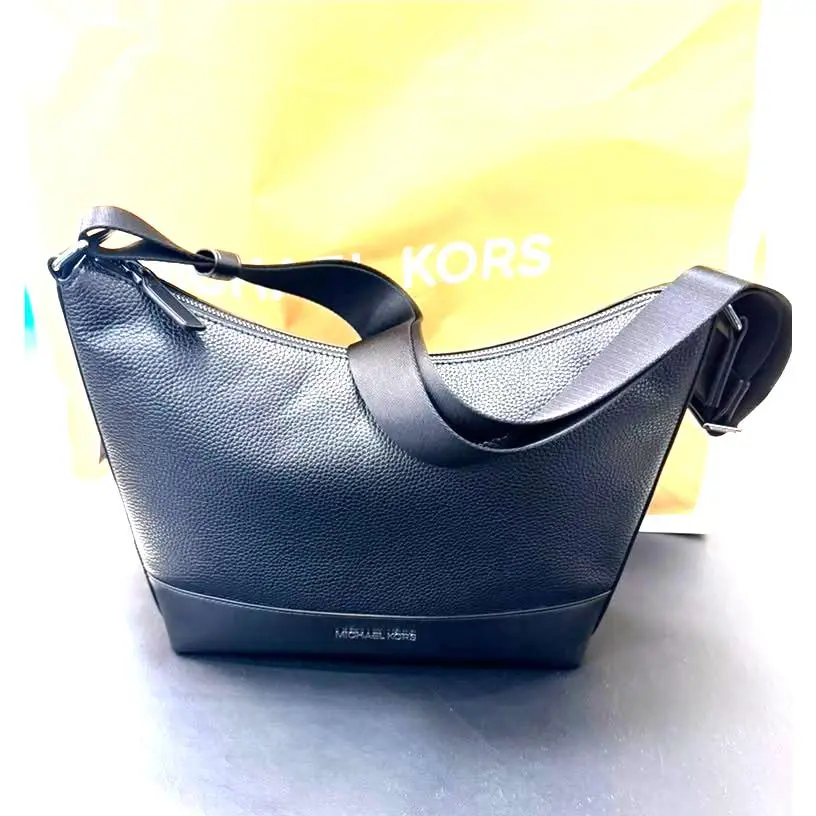 Cooper Pebbled Leather Soft Crescent Bag Men Crossbody Variation BLACK by Michael Kors