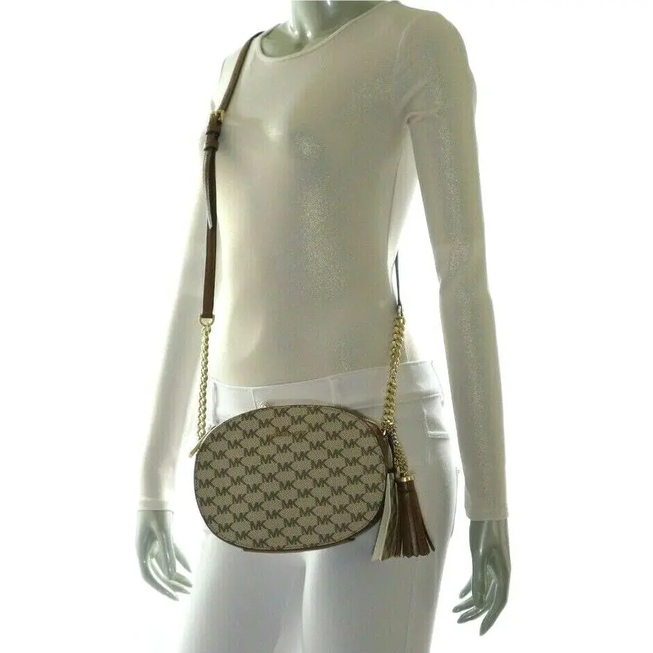 Michael Kors Ginny Medium Messenger Crossbody MK Signature Bag Natural/luggage