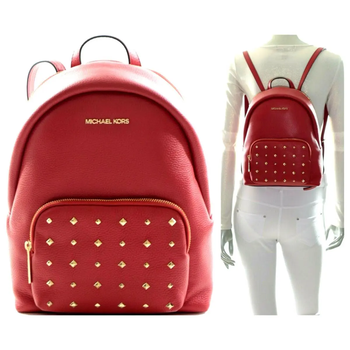 Erin Medium Gold Studded Pebbled Leather Backpack Red Flame NWT$428 by Michael Kors
