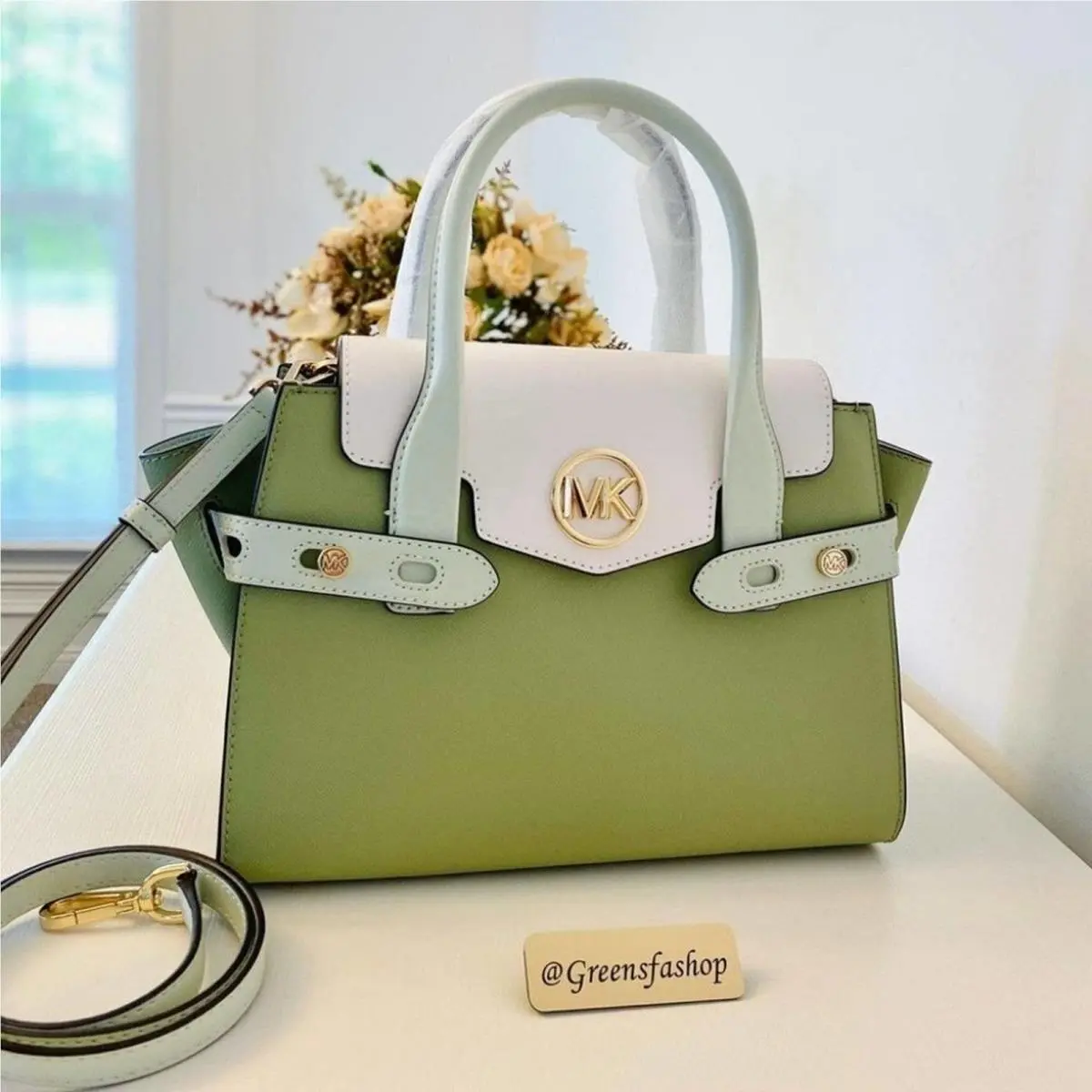 Michael Kors Purse Carmen Medium Flap Satchel Shoulder Bag Light Sage