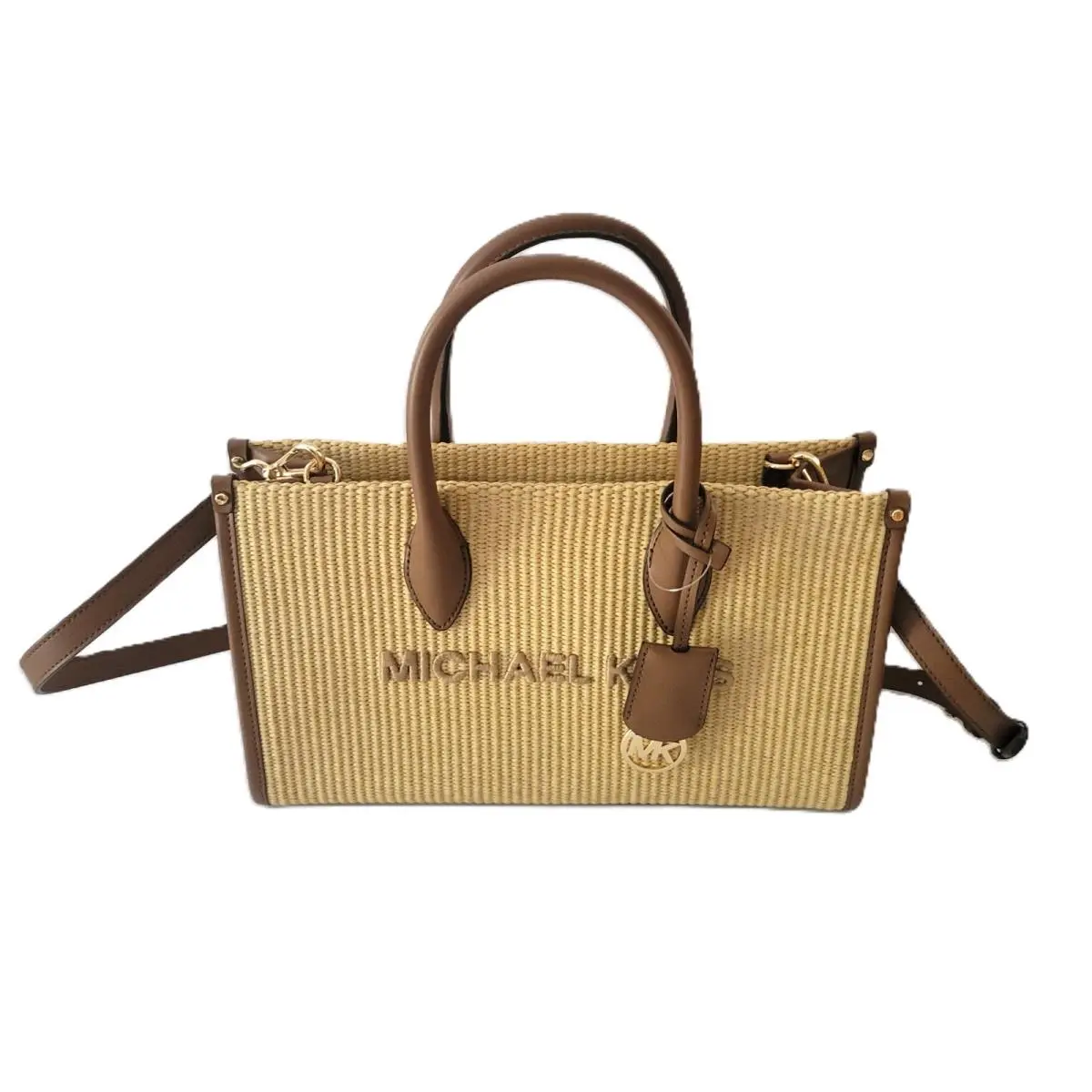 Mirella Medium EW Top Zip Satchel Luggage Woven Straw Leather by Michael Kors