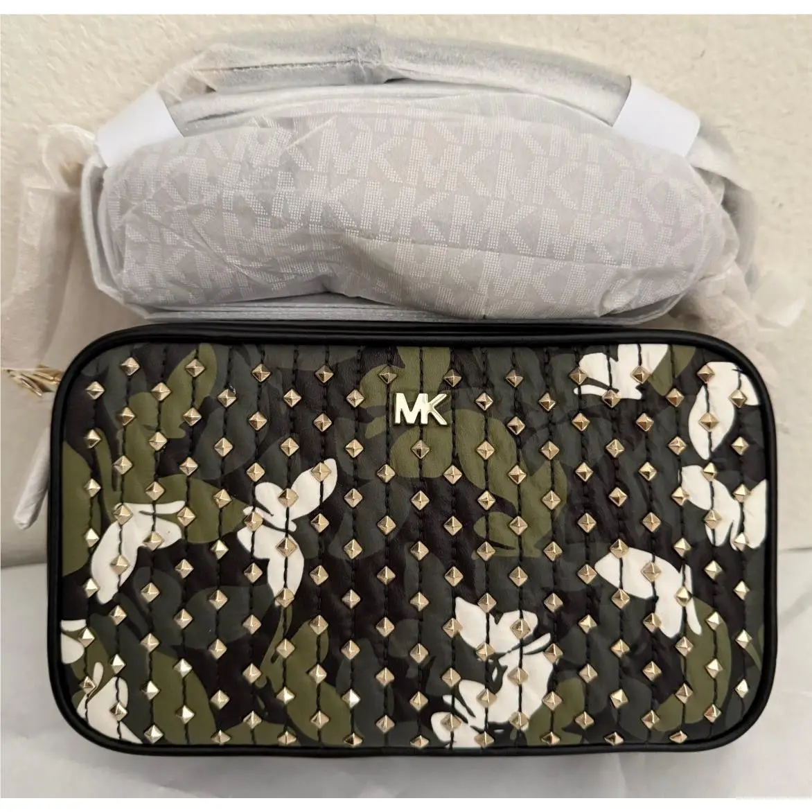 Michael Kors Studded Butterfly Double Zip Leather Camera Crossbody Bag