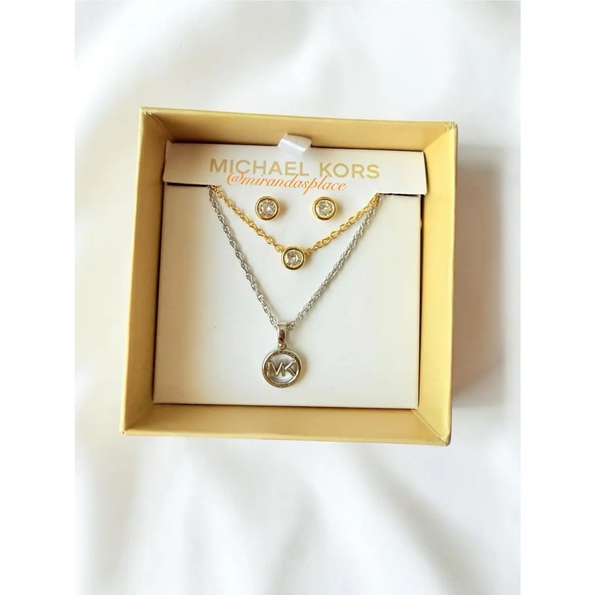 Michael Kors 2-Tone Silver Gold-tone Double Stand Necklace Stud Earrings Set