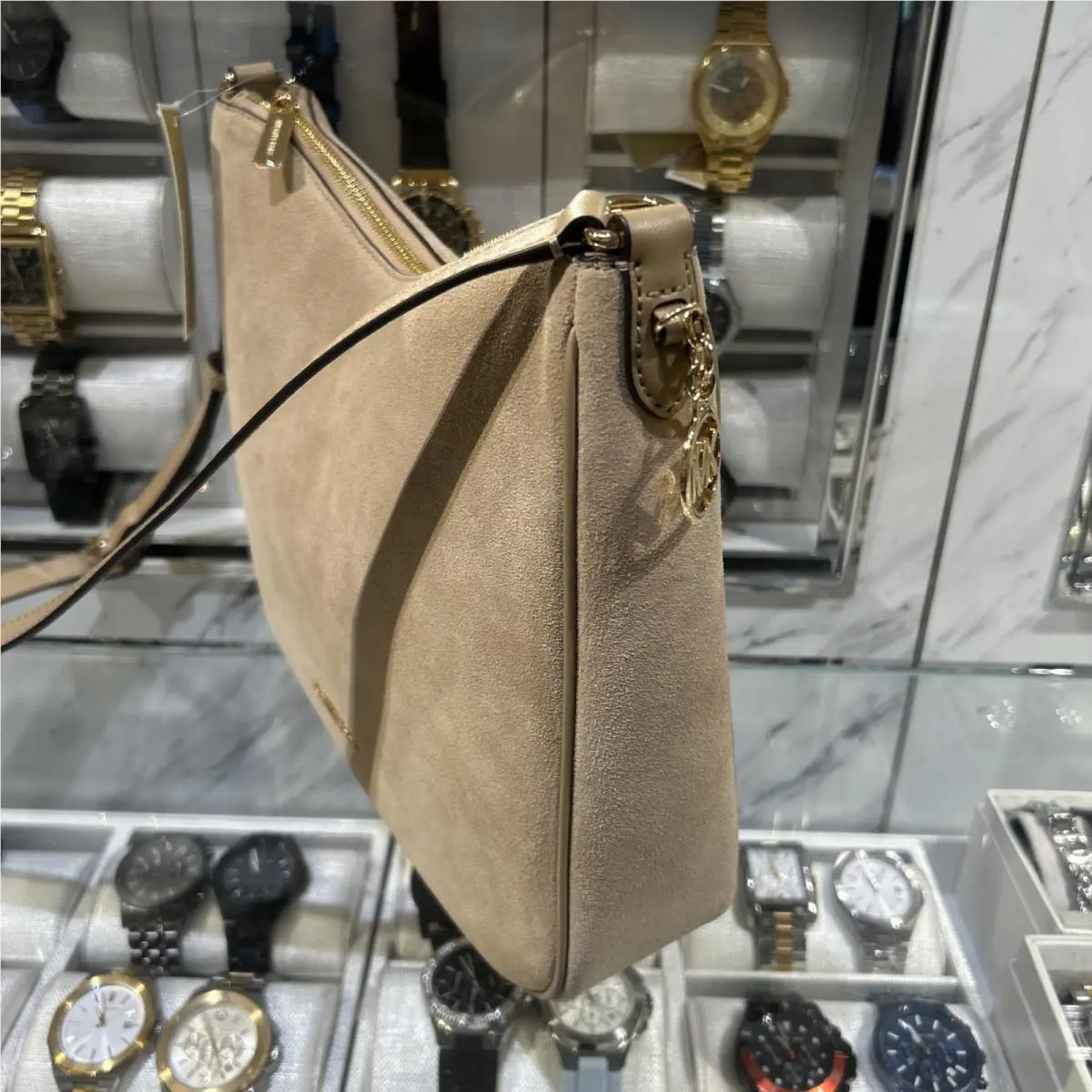 Nayla Medium Zip Messenger Crossbody Bag Tote MK Camel Suede Gold by Michael Kors