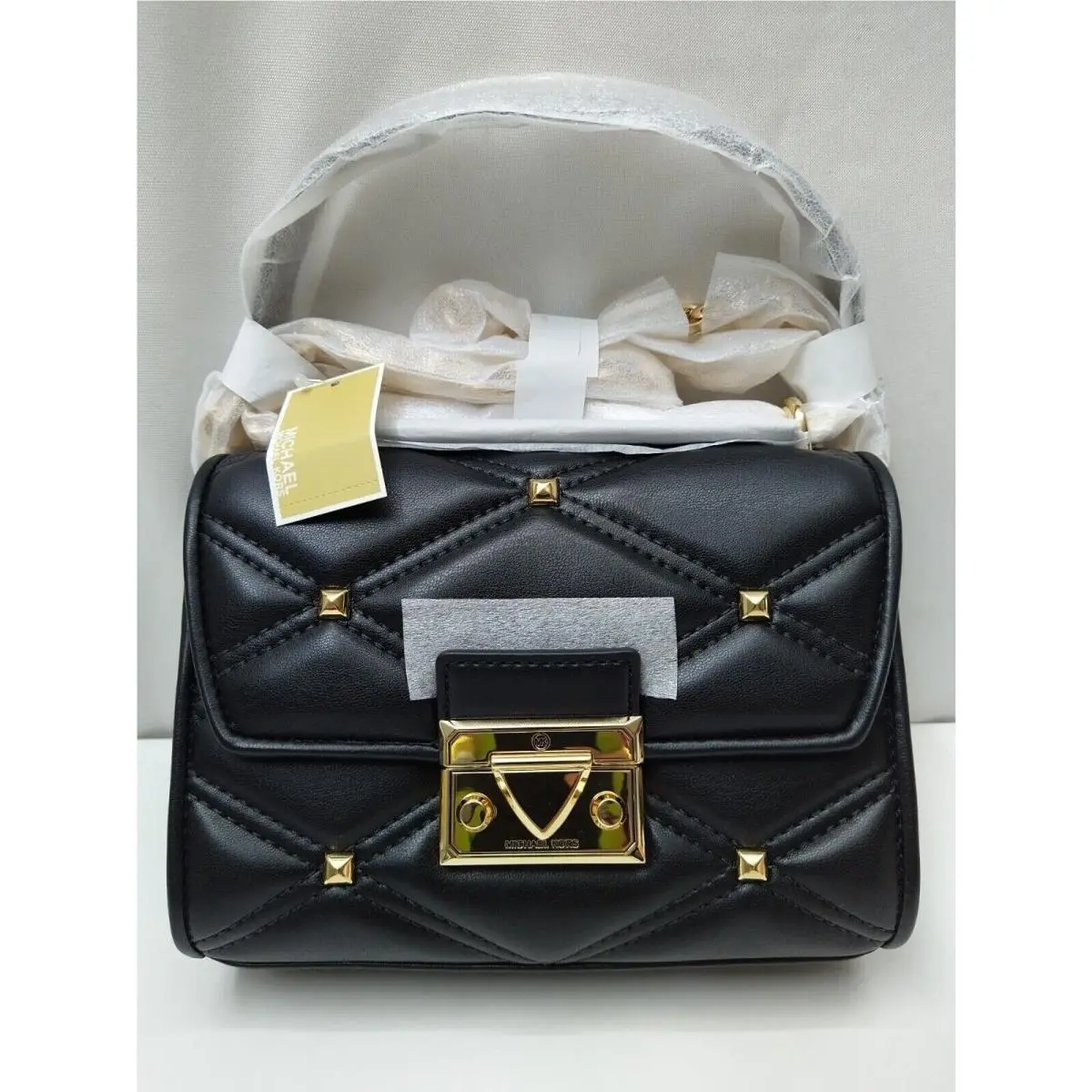Michael Kors Serena Quilted Pushlock Satchel Crossbody Bag in Black
