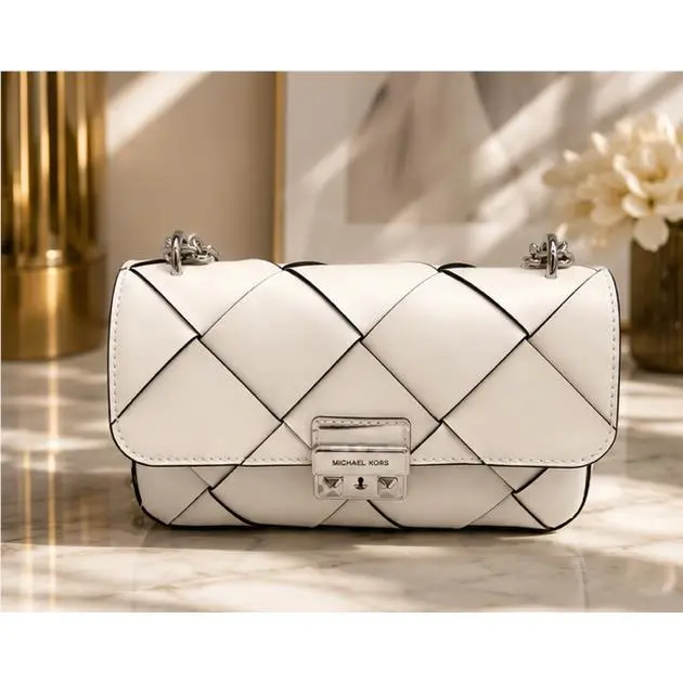 Michael Kors Tribeca Small Woven Leather Shoulder Bag Optic White Leather