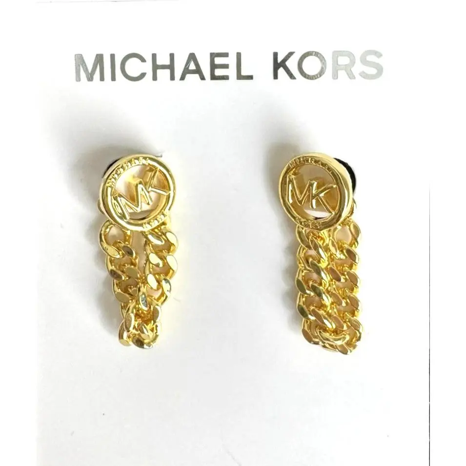 Michael Kors Gold Tone Round MK Logo Chain Drop Earrings