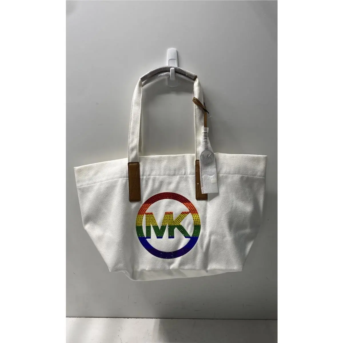 Michael Kors White Canvas Rainbow Rhinestone MK Logo Large Tote Bag