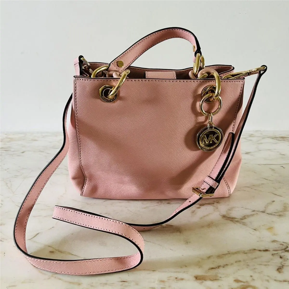 Michael Kors Cynthia Pastel Pink Leather Small Satchel Crossbody Bag
