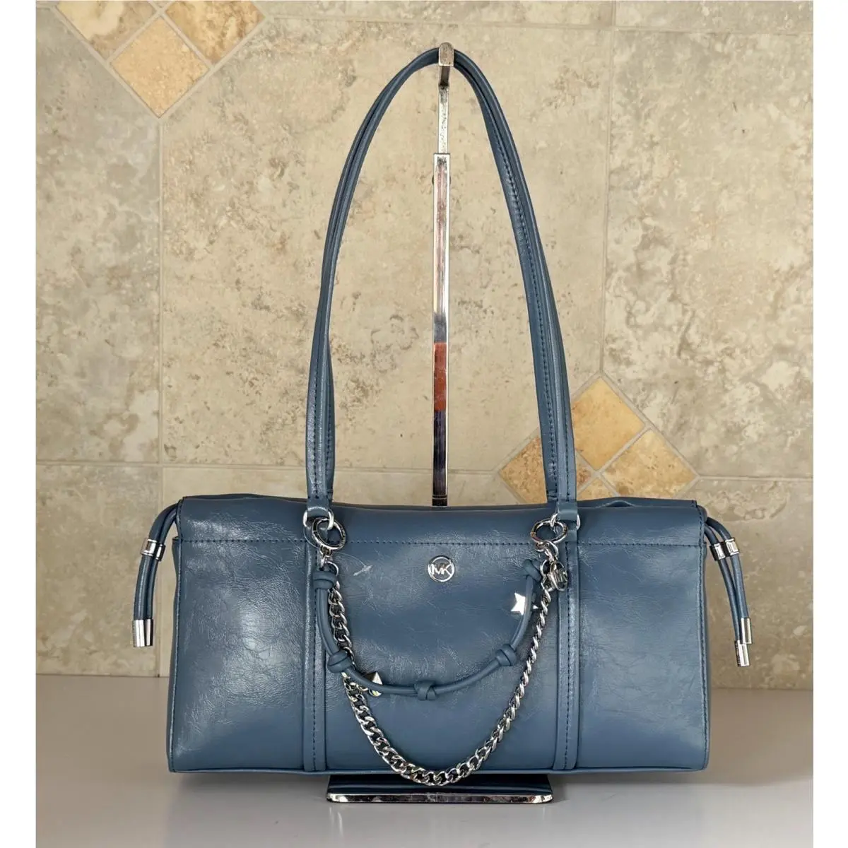Matilda Small Cinched Shoulder Tote Bag with Fob Denim Blue by Michael Kors