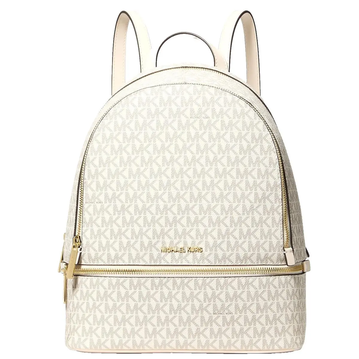 Michael Kors Rhea Medium Signature Logo Backpack Light Cream Multi 35S5GRAB2B - Handle/Strap: Brown, Hardware: Gold, Exterior: Brown