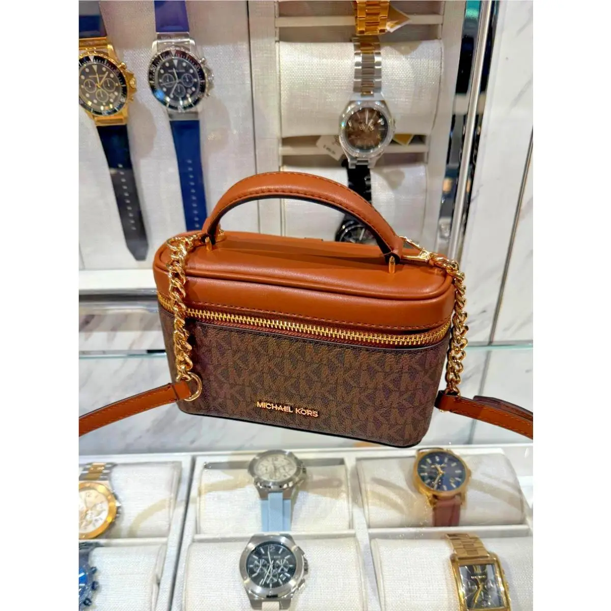 Michael Kors Vivi Women Small MK Signature Logo Vanity Case Crossbody Bag Brown