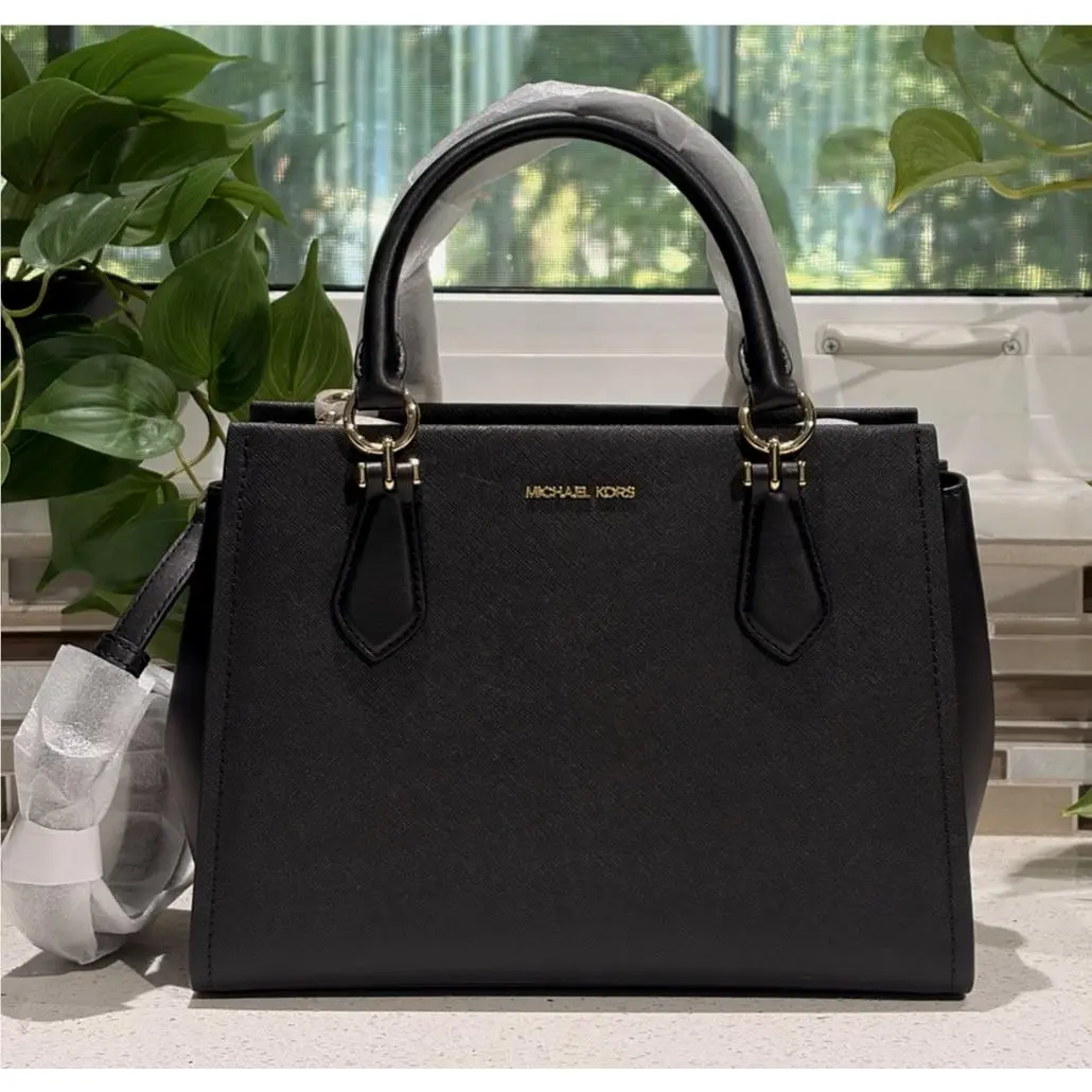 Michael Kors Marilyn Medium Satchel Shoulder Bag Purse MK Black Leather Gold