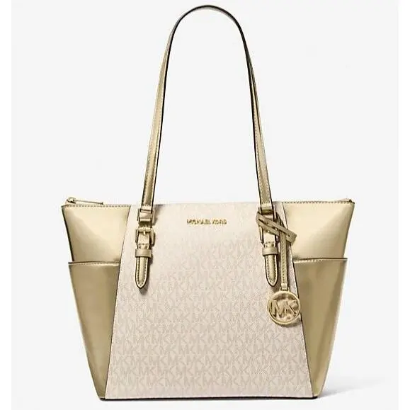 Michael Kors Charlotte Large Signature Logo and Metallic Tote Bag Pale Gold - Exterior: Pale Gold