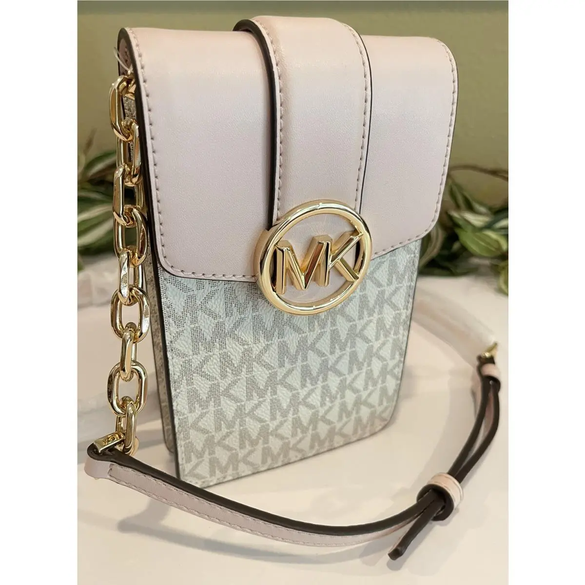 Michael Kors Carmen Small Chain NS Phone Crossbody MK Logo Vanilla Pink Gold