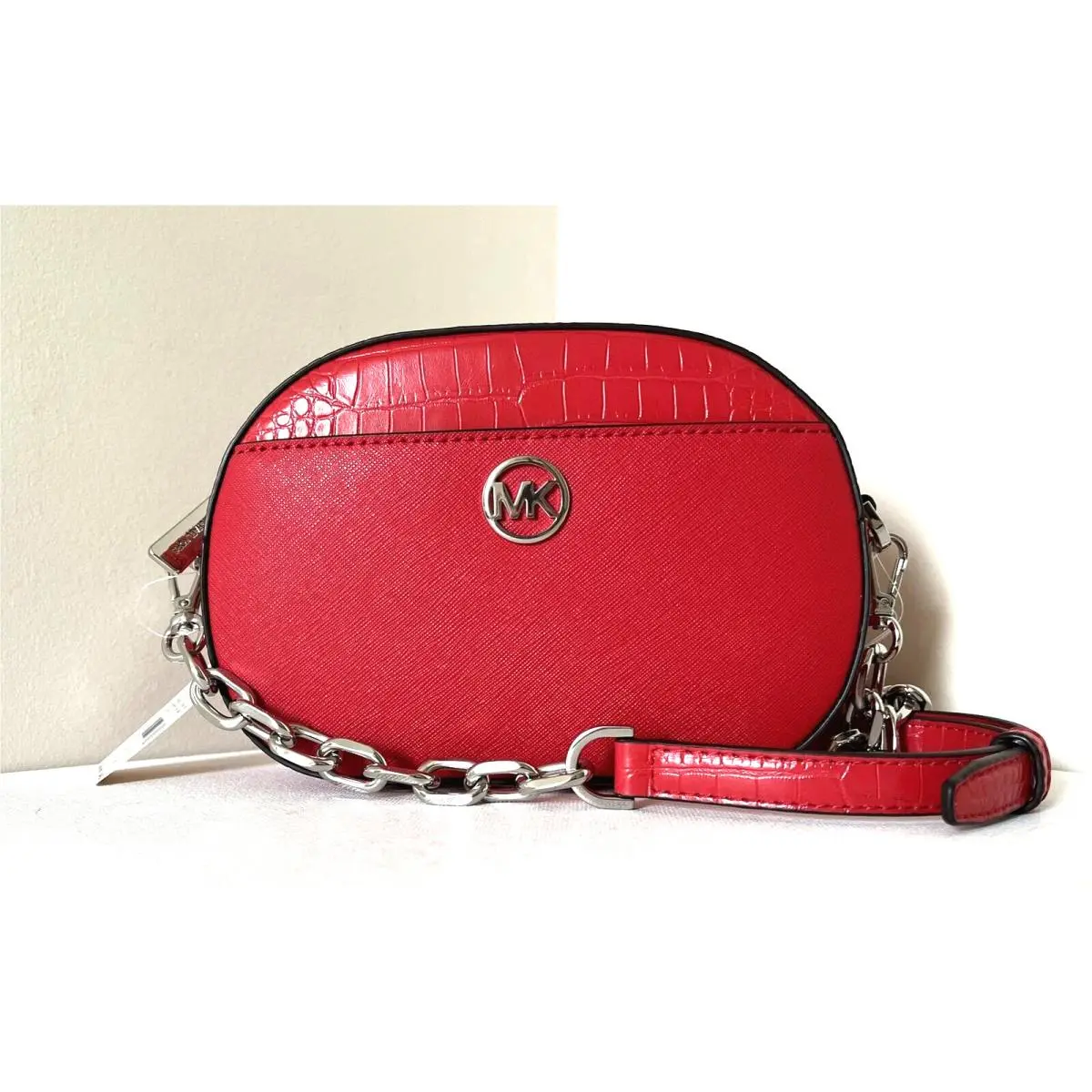 Michael Kors Jet Set Glam Croc Small Oval Crossbody Bag Bright Red