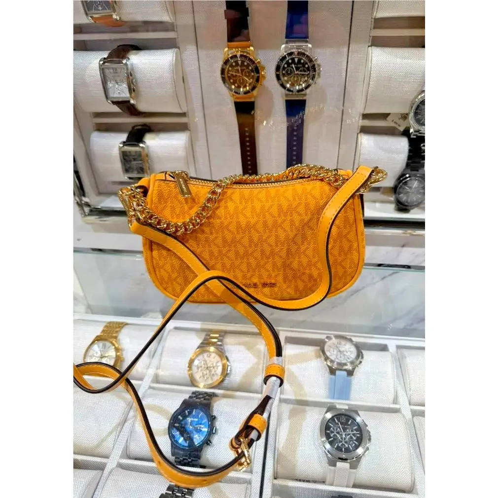 Michael Kors Carmela Women Small MK Logo Pouchette Crossbody Bag Honeywheat