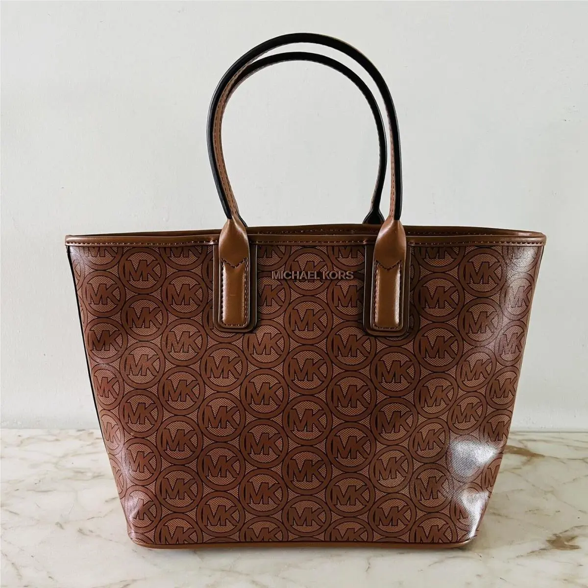 Jodie Luggage Brown Tan Logo Print Small Tote Bag by Michael Kors