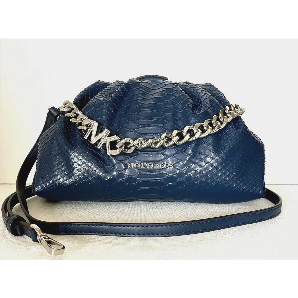 Michael Kors Nola Small Snake Embossed Crossbody Chain Clutch Navy