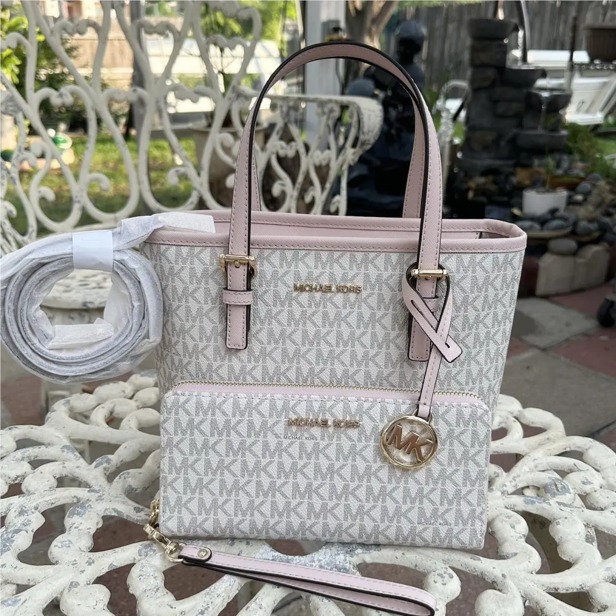 Michael Kors Jet Set XS Carryall Tote Crossbody Bag Vanilla Pink and Wallet