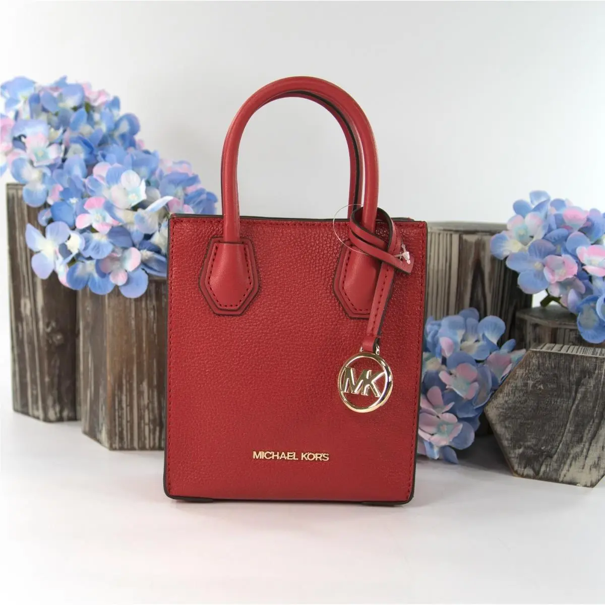 Michael Kors Jet Set Flame Red Leather Mercer XS Extra Small Crossbody Tote