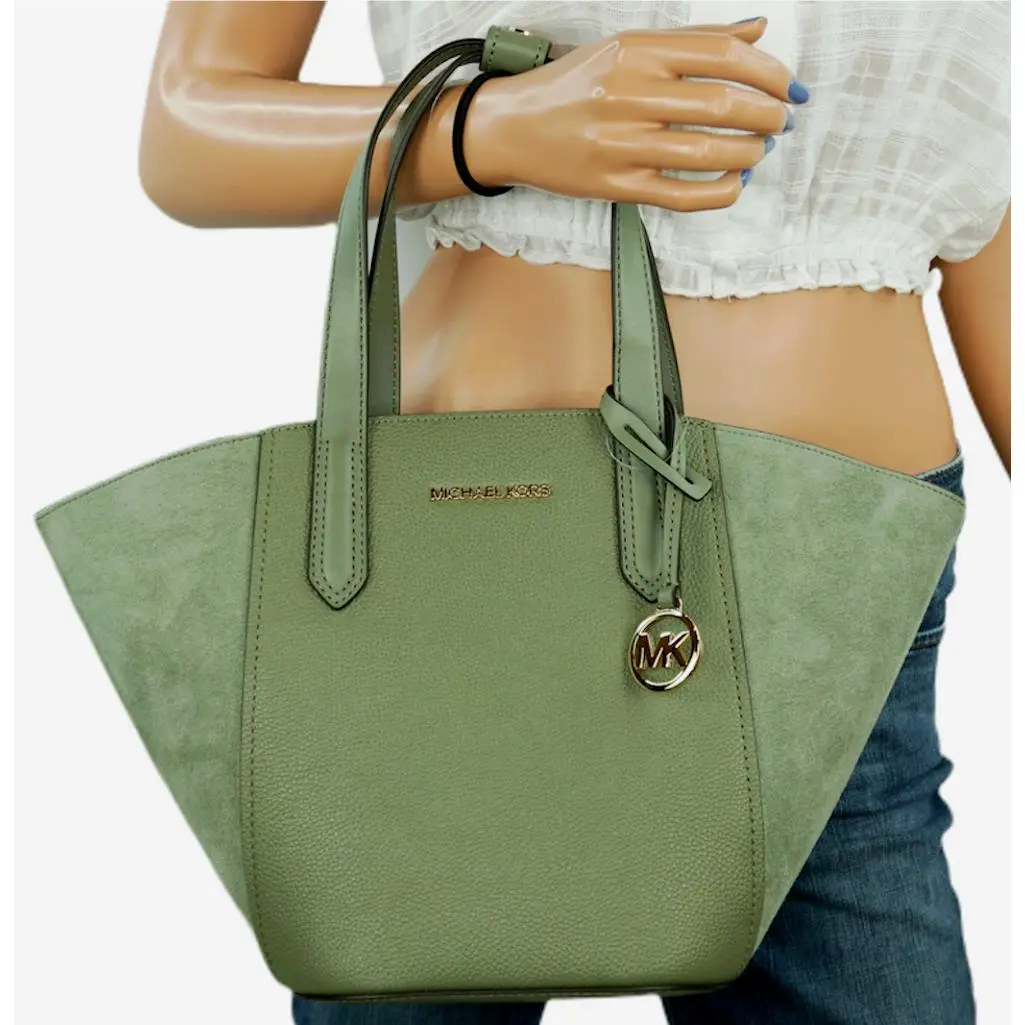 Michael Kors Portia Small Tote Leather and Suede Army Green with Dust Bag