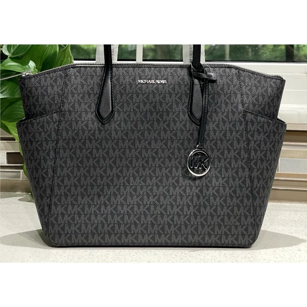 Marilyn Medium Large Zip Tote Shoulder Bag Black MK Logo Silver by Michael Kors
