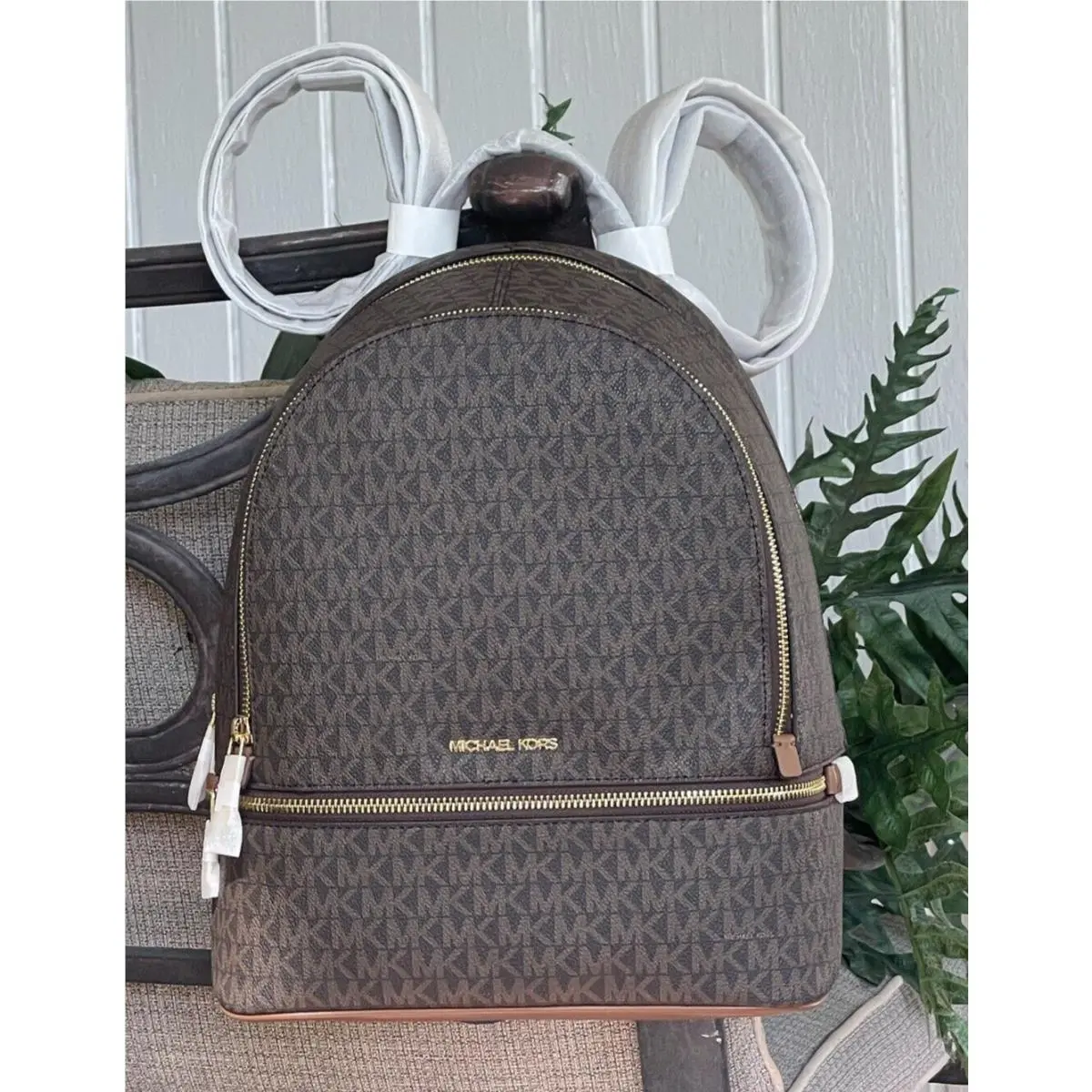 Rhea Medium Zip Backpack Bag Travel Trip Tote MK Brown Logo Gold by Michael Kors