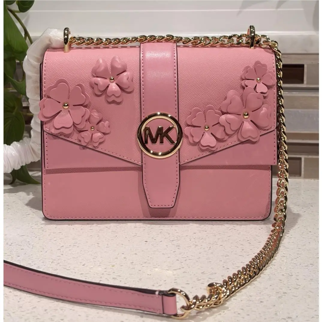 Michael Kors Greenwich Small Flap Crossbody MK Chain Bag Floral Pink Carnation
