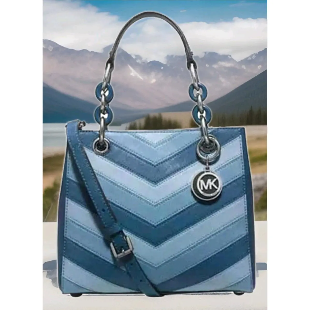 Michael Kors Cynthia Sky Blue Saffiano Leather Crossbody Satchel Bag