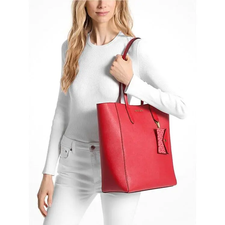 Michael Kors Vincent Large Leather Tote Bag with Card Case Bright Red