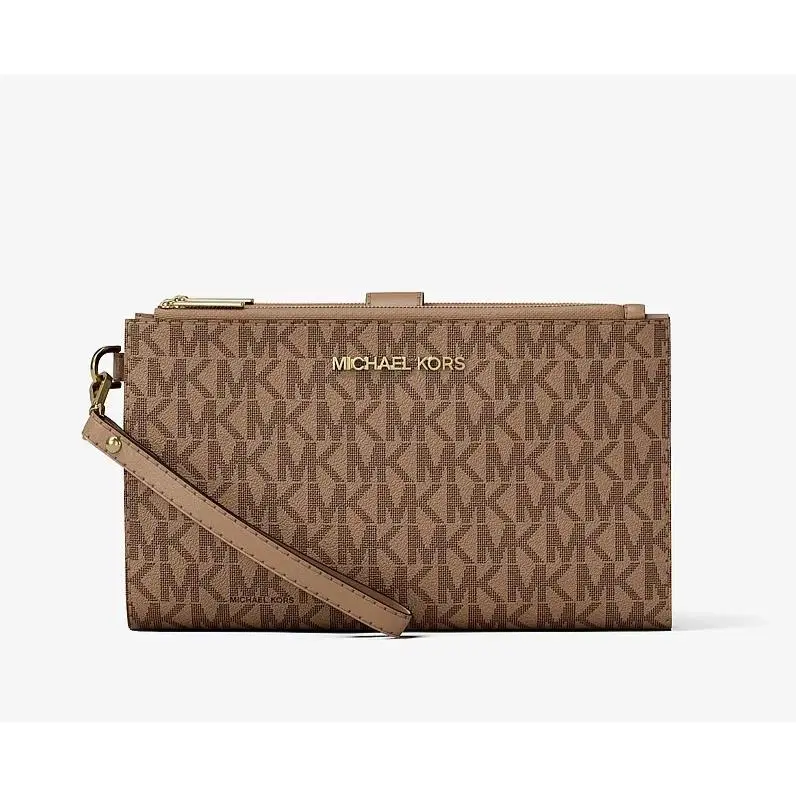 Michael Kors MK Signature Double Zip Phone Case Wallet Wristlet Camel