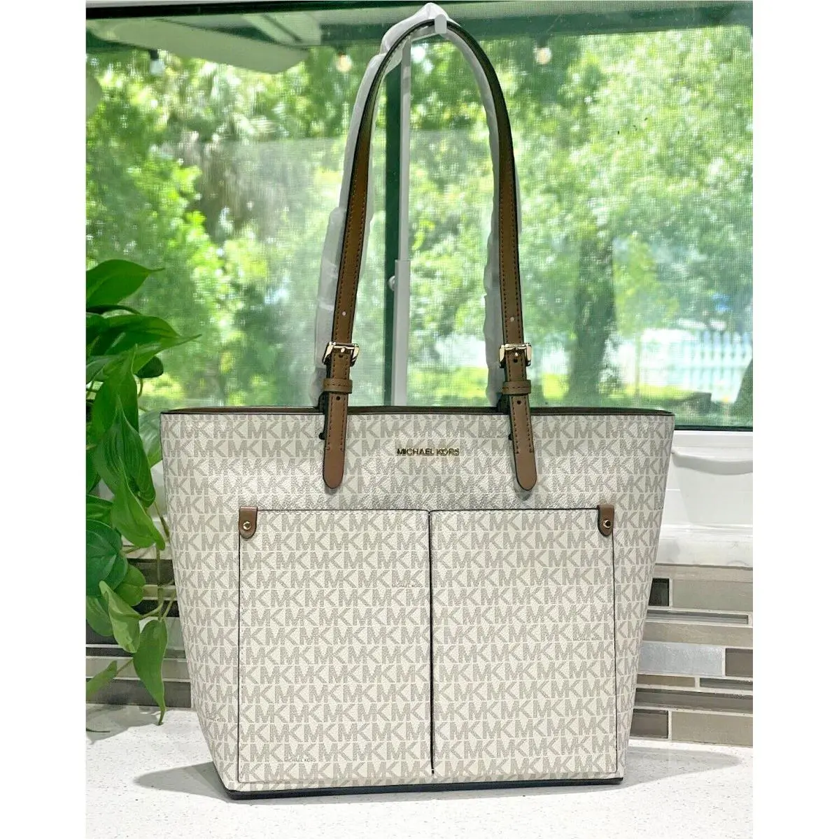 Michael Kors Jet Set Medium Double Pocket Tote Bag Shoulder Bag MK Vanilla Logo