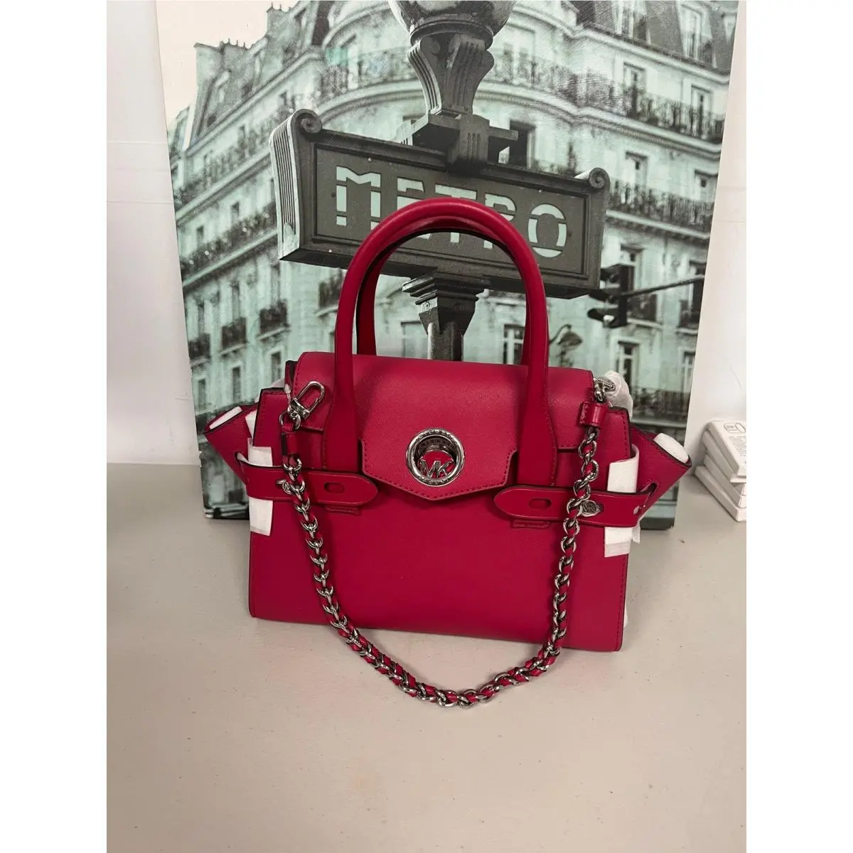 Michael Kors Carmen SM Dark Raspberry Leather Belted Satchel 30S0SNMS0L