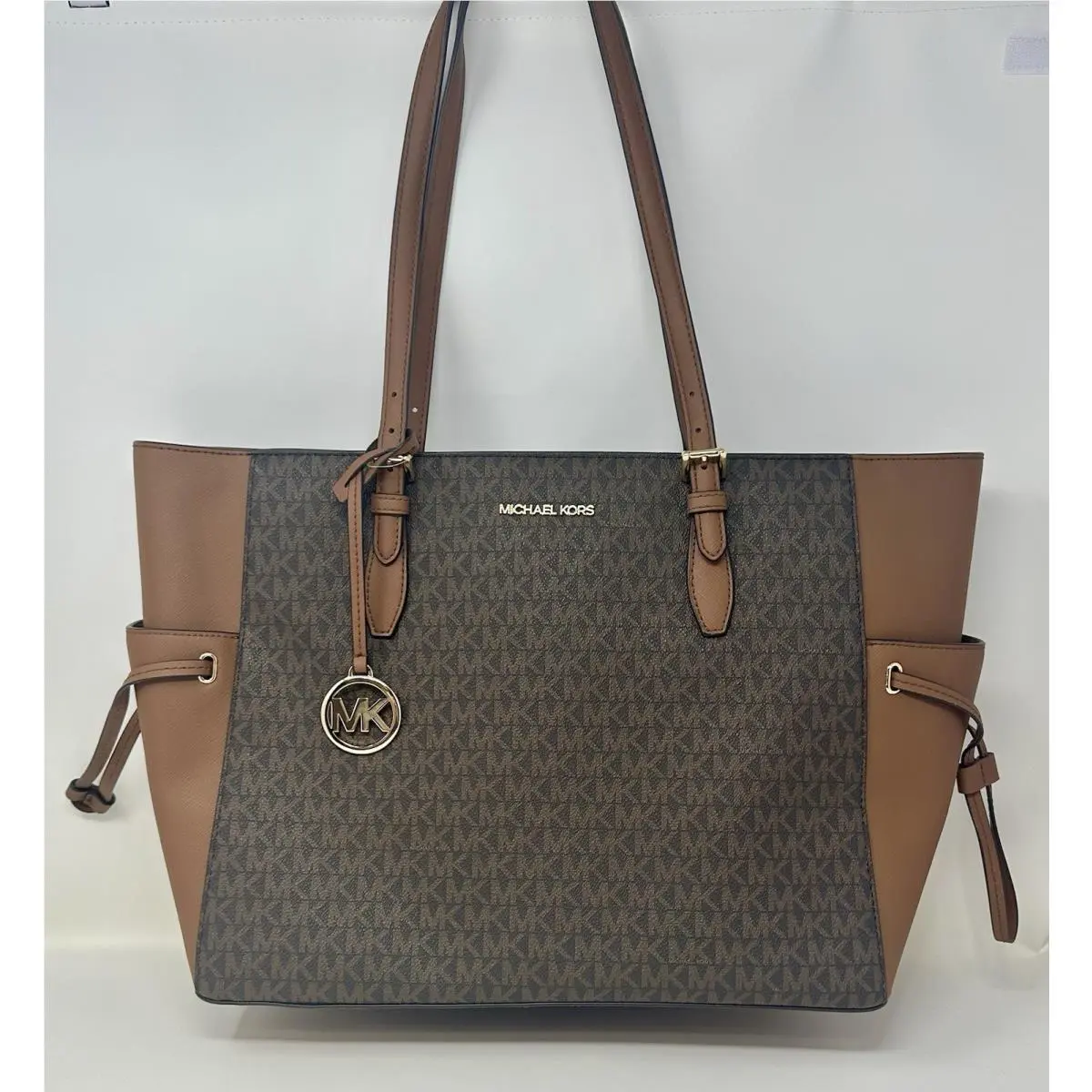 Michael Kors Gilly Large Drawstring Zip Travel Tote Bag Brown MK Logo Shoulder