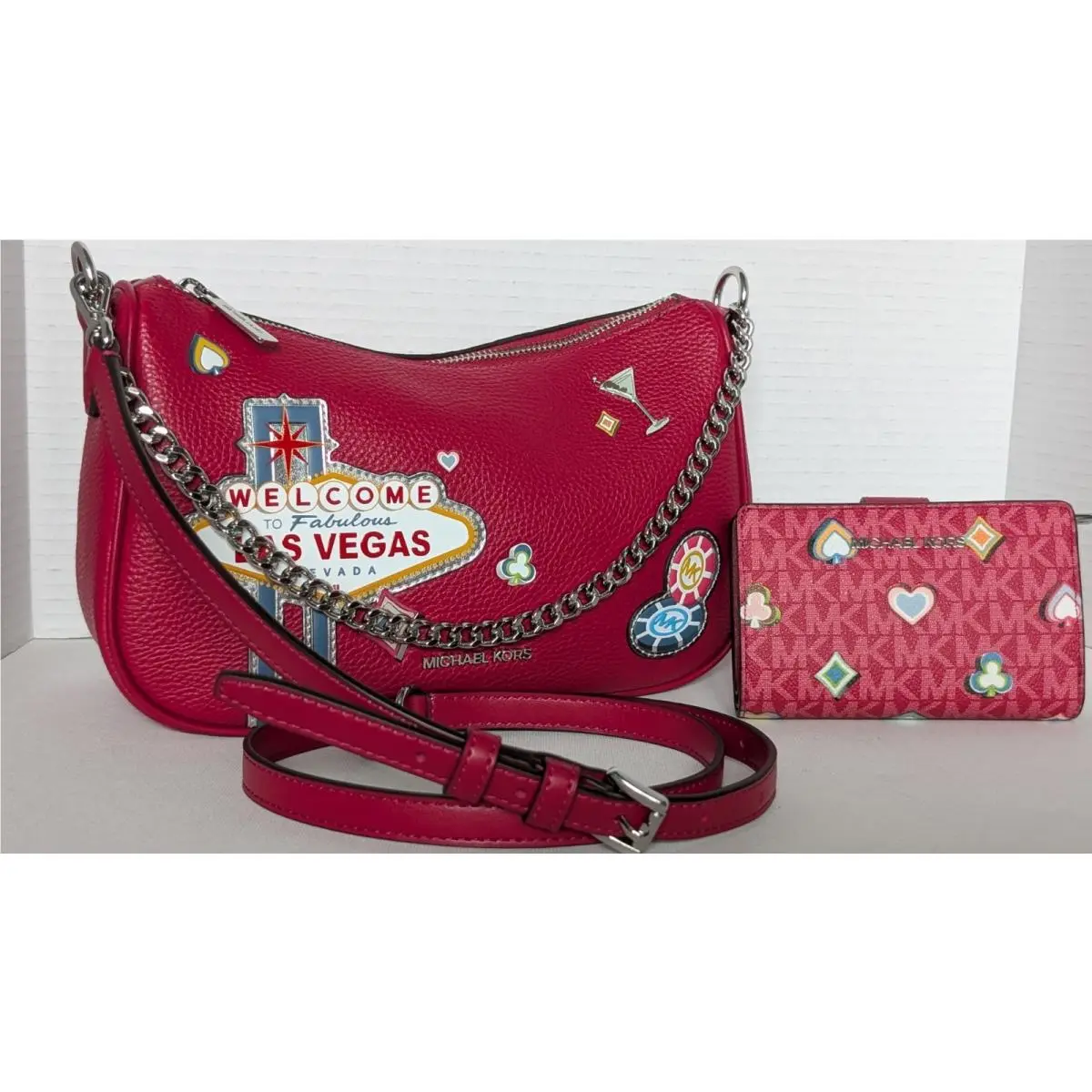 Michael Kors Carmela Shoulder Bag Crossbody Wallet Set Dark Raspberry Pink