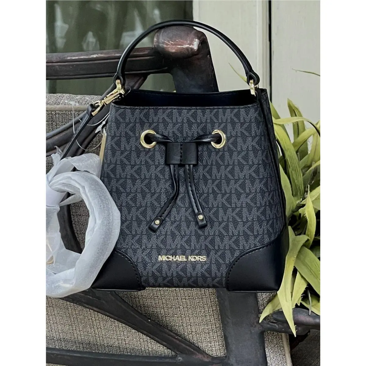 Michael Kors Mercer Small XS Bucket Drawstring Crossbody Bag MK Black Logo Gold