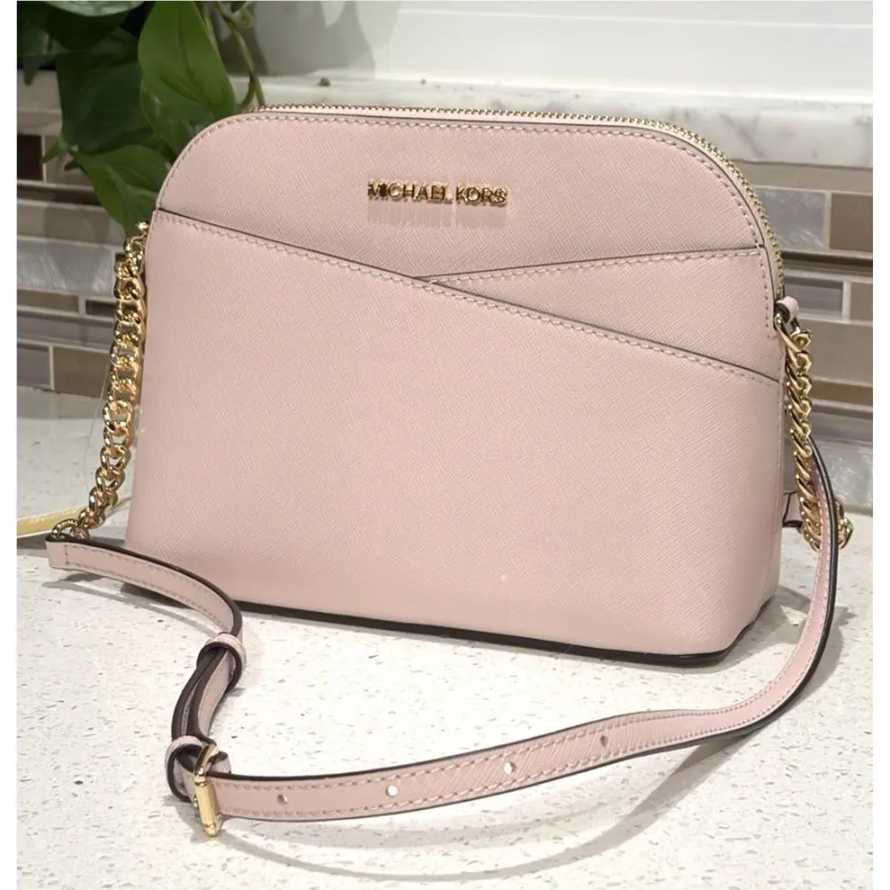 Michael Kors Jet Set Travel Medium Dome Chain Crossbody Bag MK Pink Leather Gold
