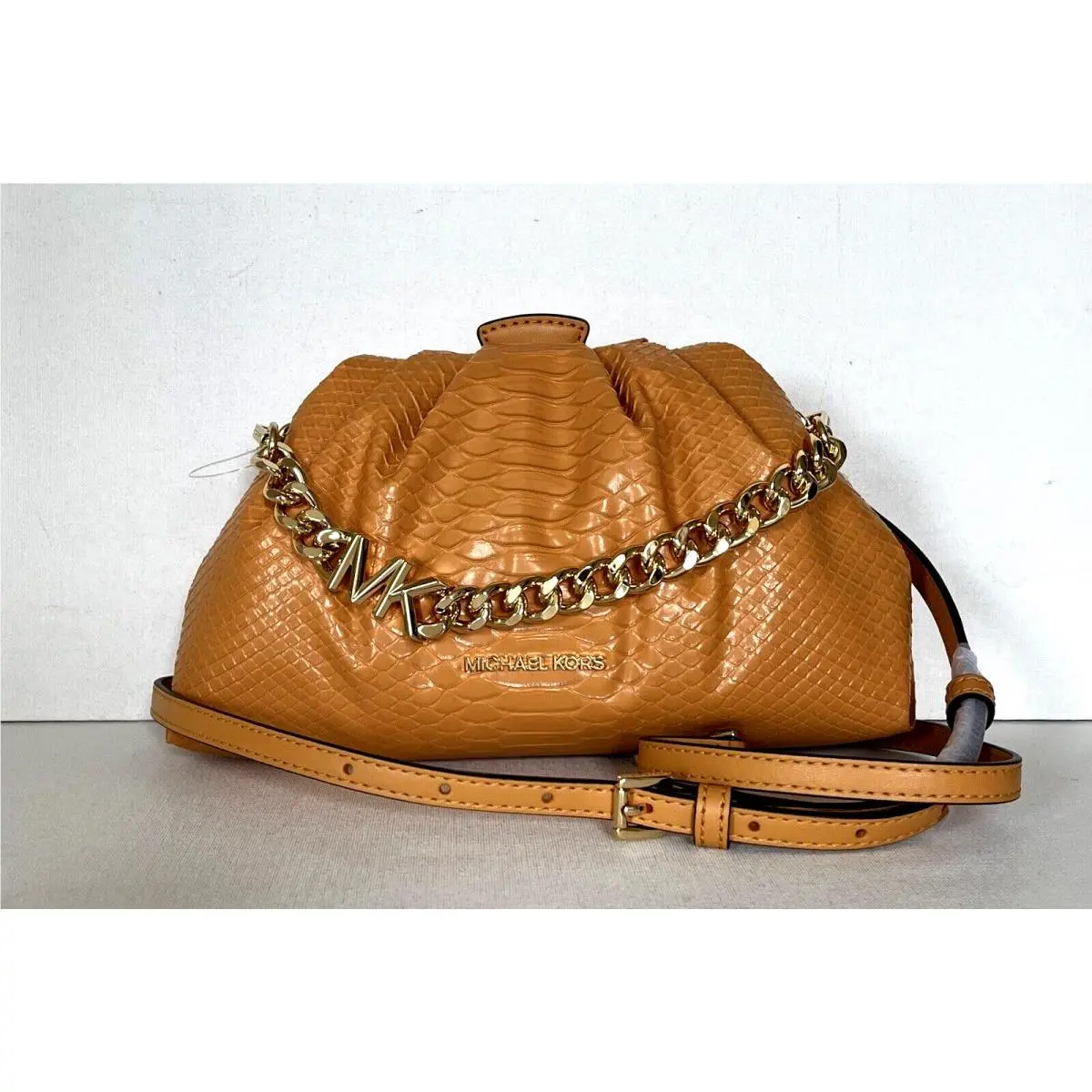 Michael Kors Nola Small Snake Embossed Crossbody Chain Clutch Cider