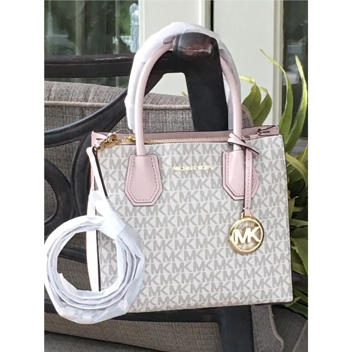 Michael Kors Mercer Medium Crossbody Messenger Bag MK Vanilla Logo Pink Blush