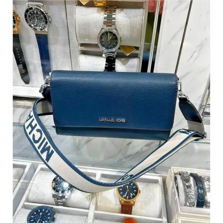 Michael Kors Women Large Jet Set Leather Zip Around Crossbody Purse Bag Navy