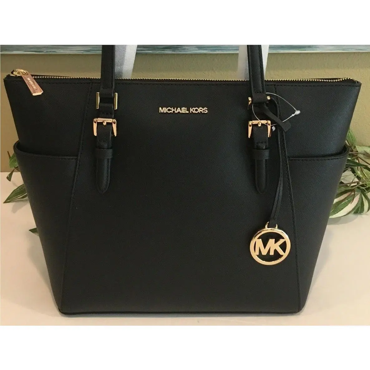 Michael Kors Charlotte Large Medium Zip Tote Shoulder Bag MK Black Leather Gold
