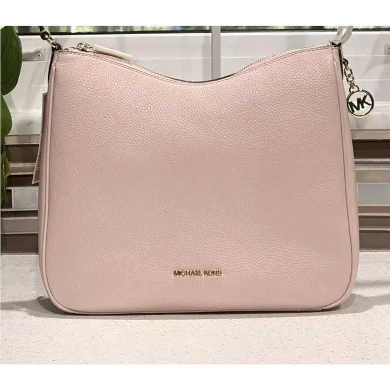 Michael Kors Nayla Medium Zip Messenger Crossbody Bag Tote MK Pink Leather Gold